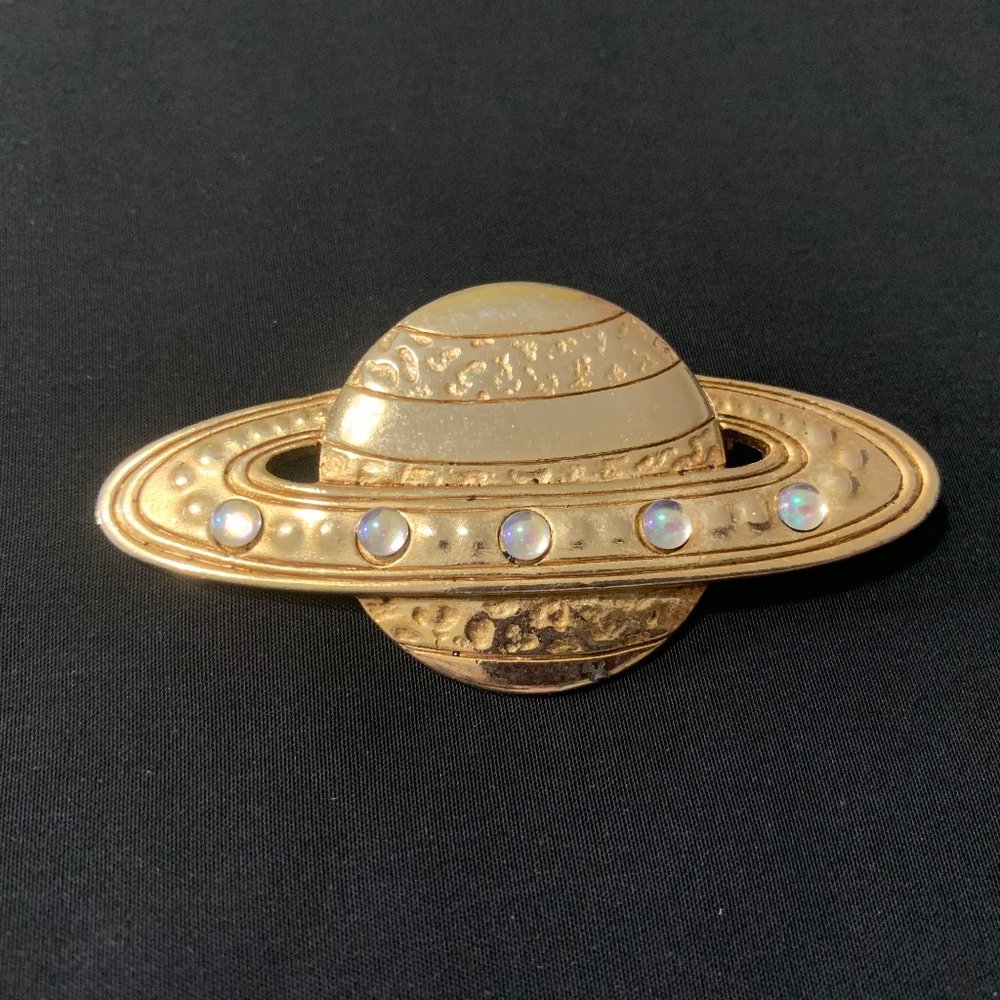Vintage Signed JJ 1970's Saturn Planet Brooch